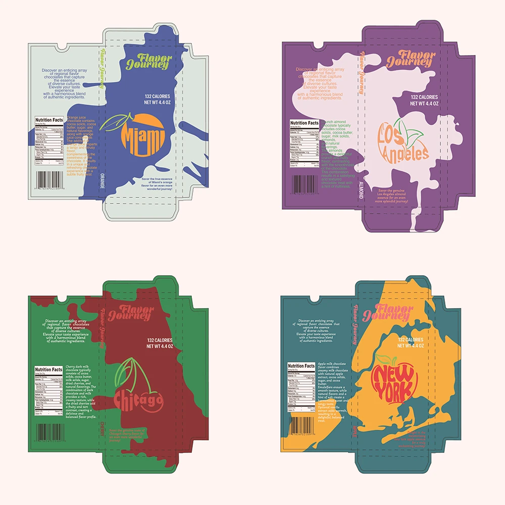 Flavor Journey packaging design system with four dielines