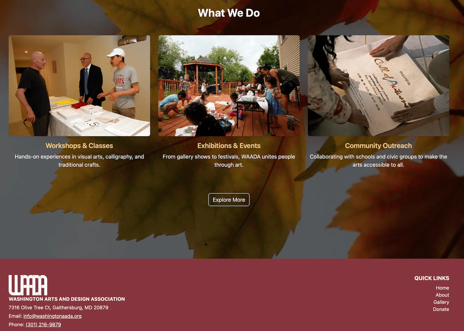 WAADA homepage design screen
