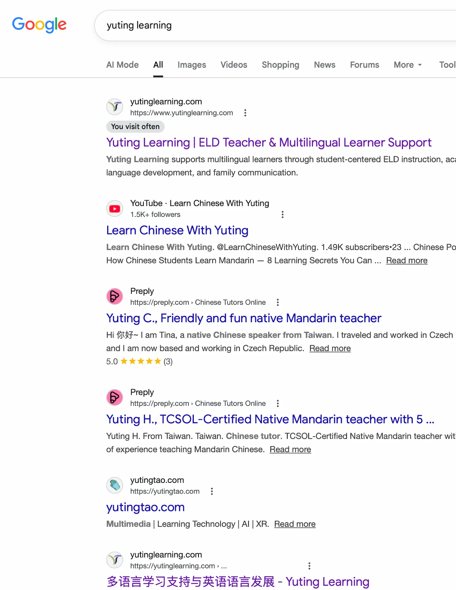 Yuting Learning Google search result